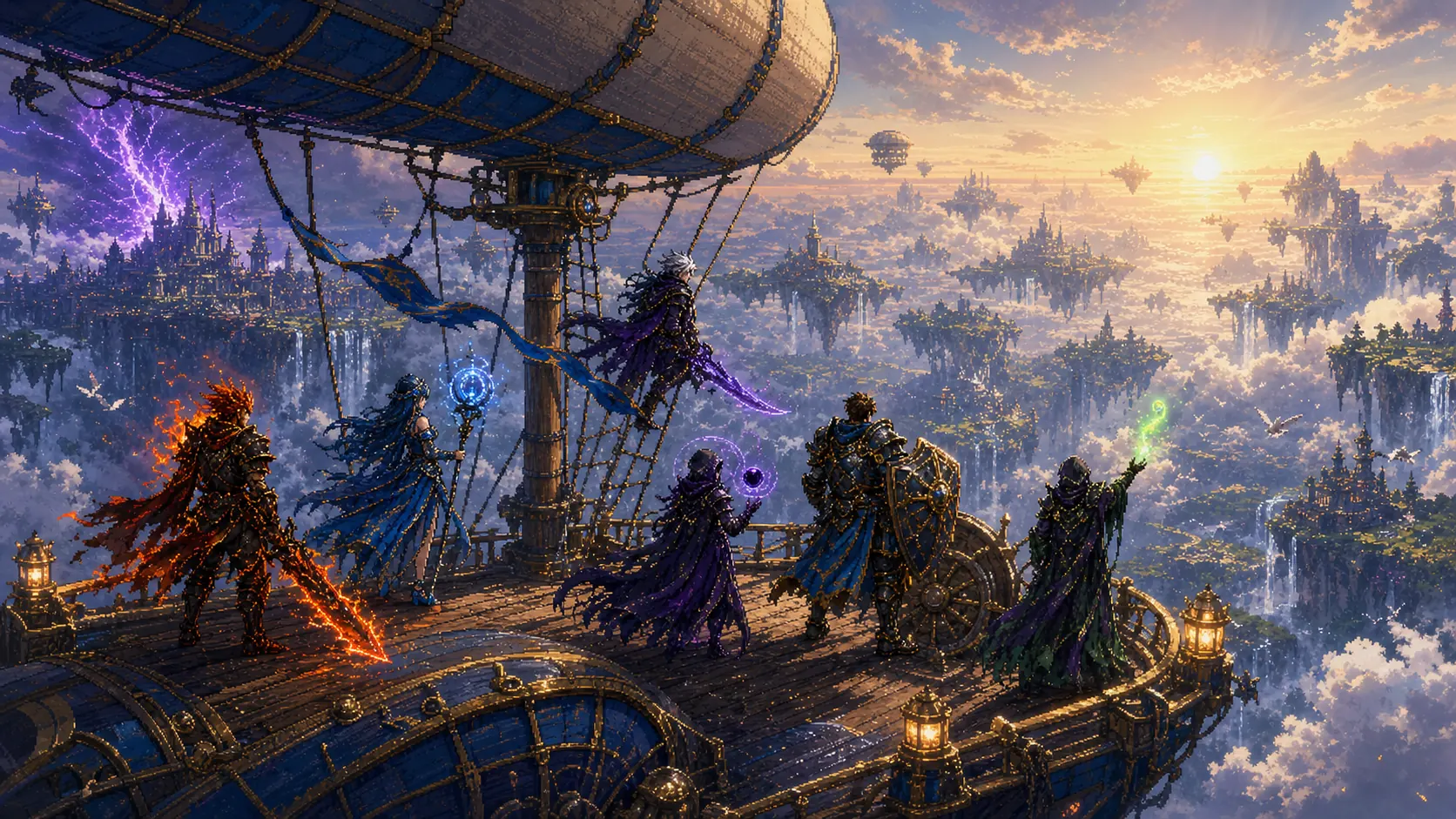 The six heroes leave the city aboard an airship