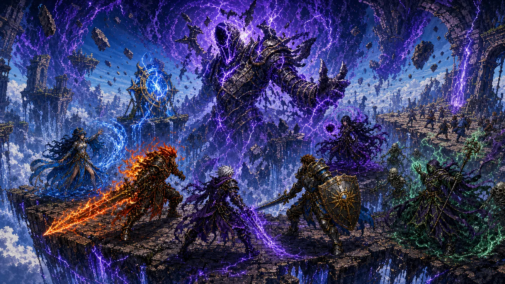 All six heroes battle a Riftborn Warden